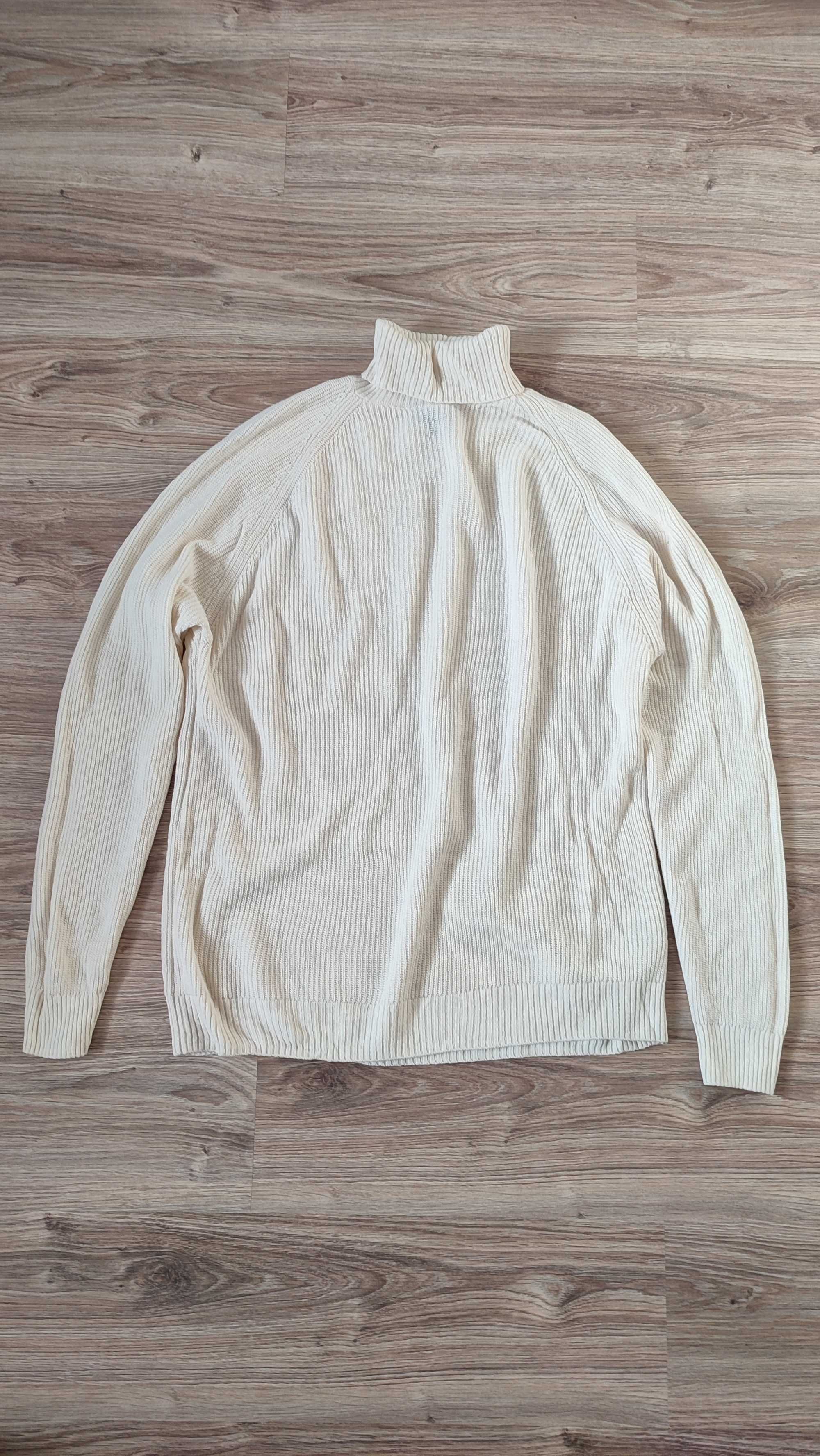 Sweter 100% wełna długi jasny golf sukienka tunika luźny oversie L XL