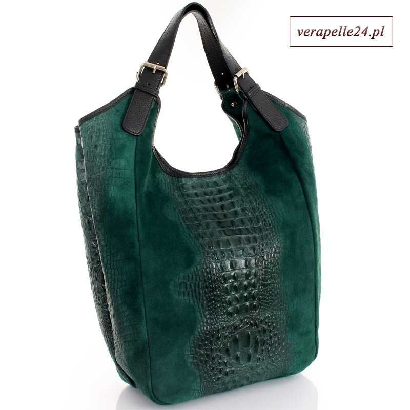 Zielona skórzana, zamszowa duża damska torba shopper bag Vera Pelle