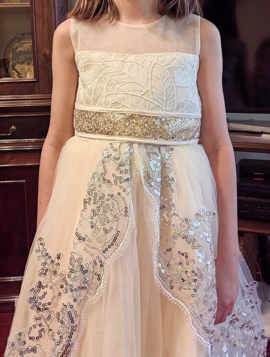 Vestido em champanhe, Estilo Princesa, em tule, elegante, sem mangas