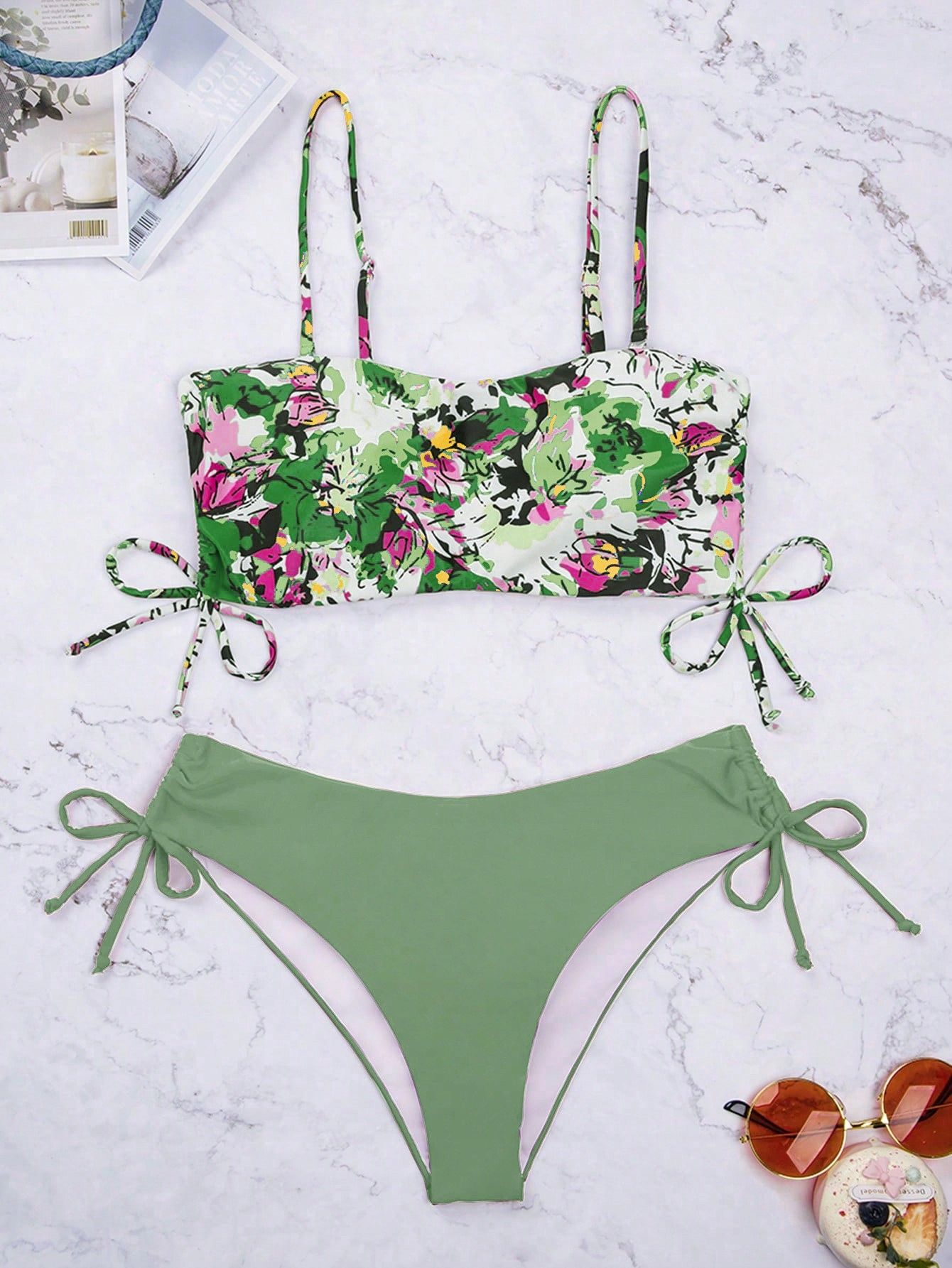 Strój Kąpielowy Bikini Boho Ze Ściągaczami Figi Zielony Shein Xl 42