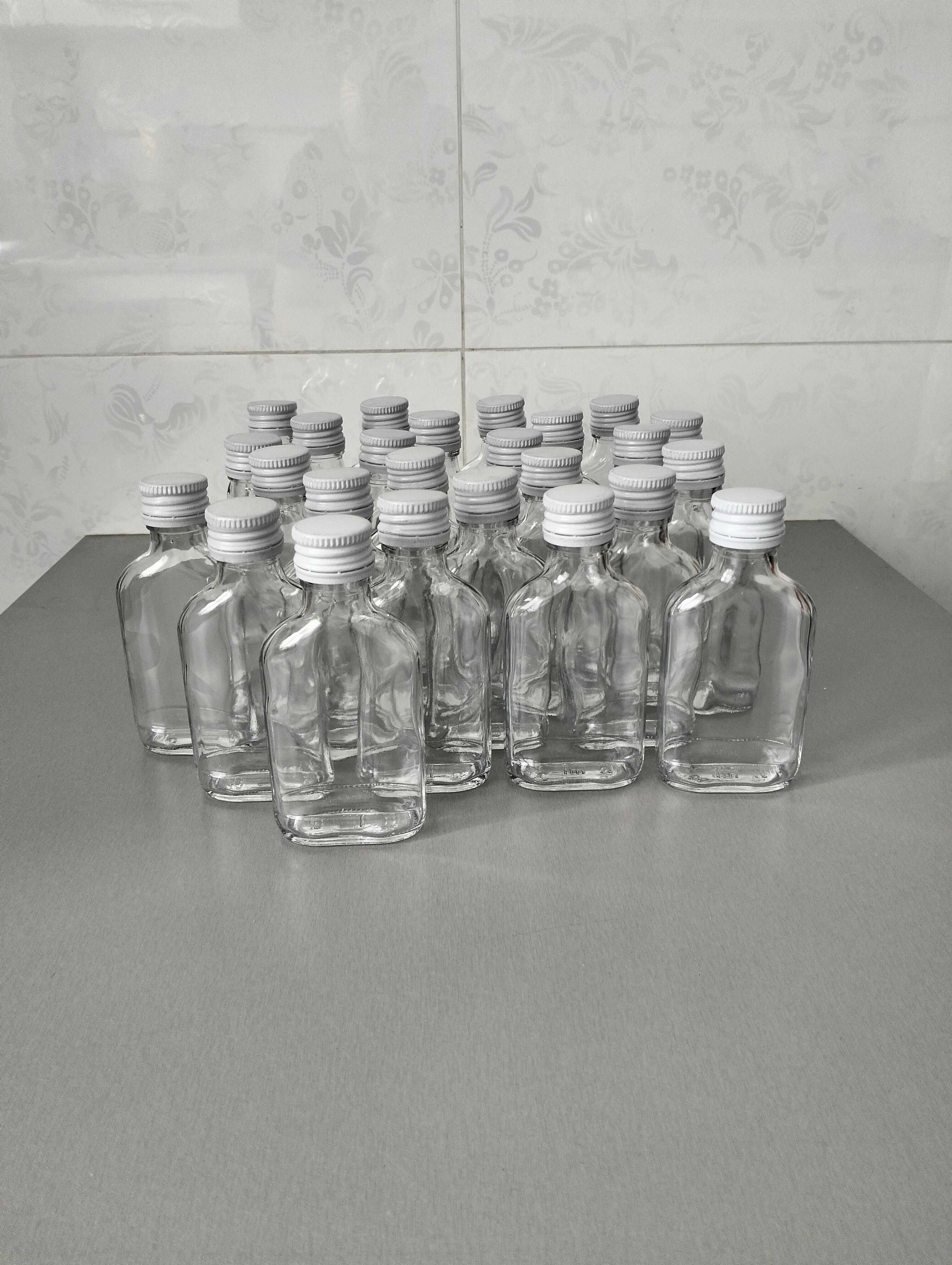 Butelki szklane 100 ml setki, małpki plus zakrętki białe, 25 sztuk