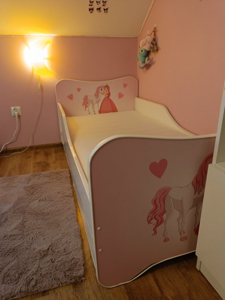 Łóżko z szufladą i materacem dziewczynka różowe księżniczka