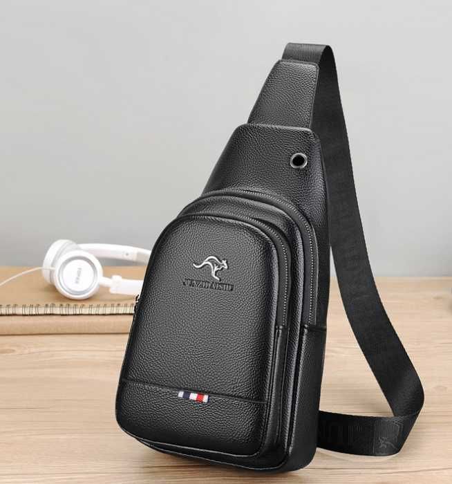 Чоловіча мужская кожаная сумка бананка на груди месенджер слінг топ 2