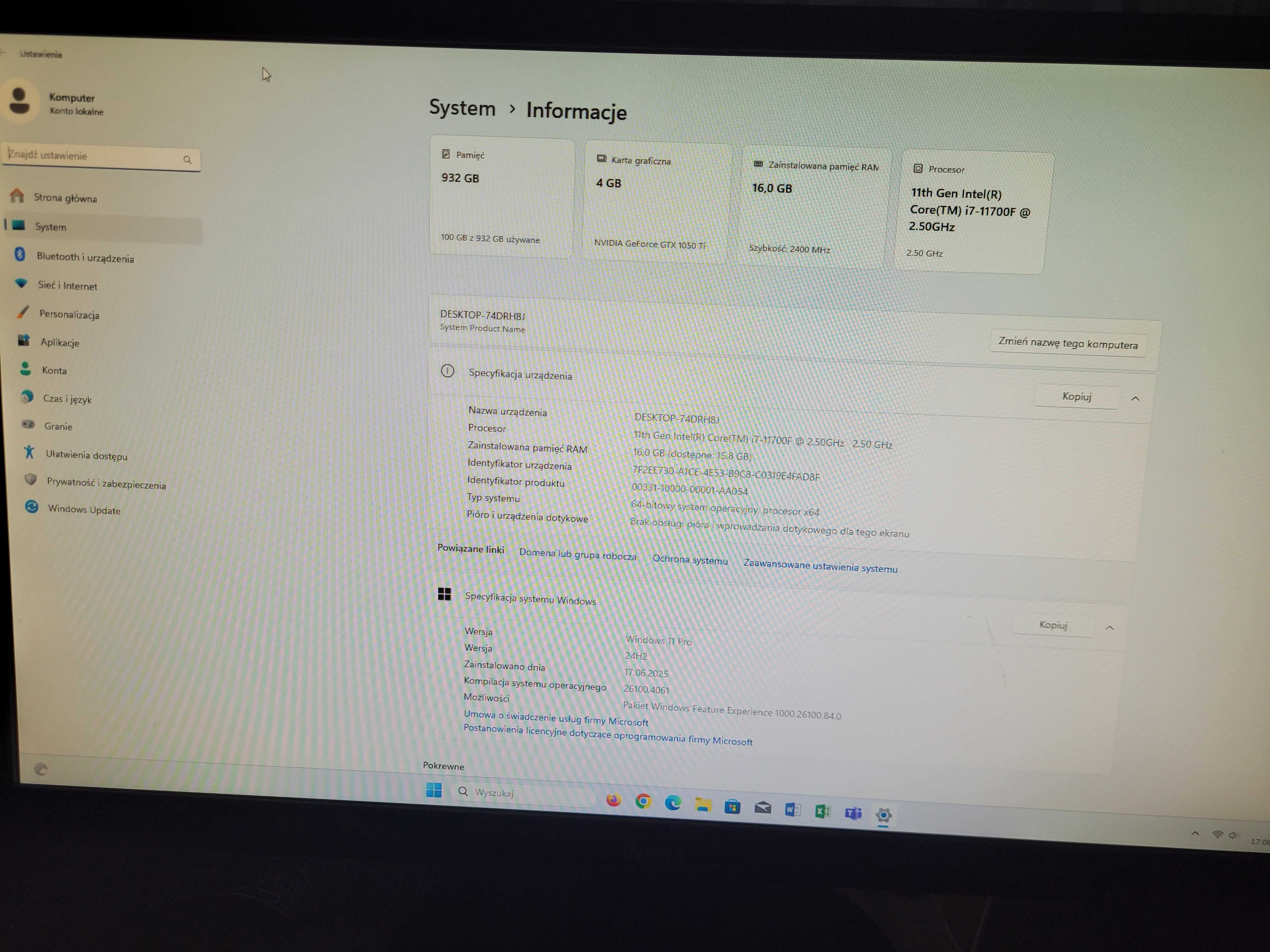 Komputer Intel Core i7-11700F 16GB 1TB GTX1050Ti Win11Pro MT