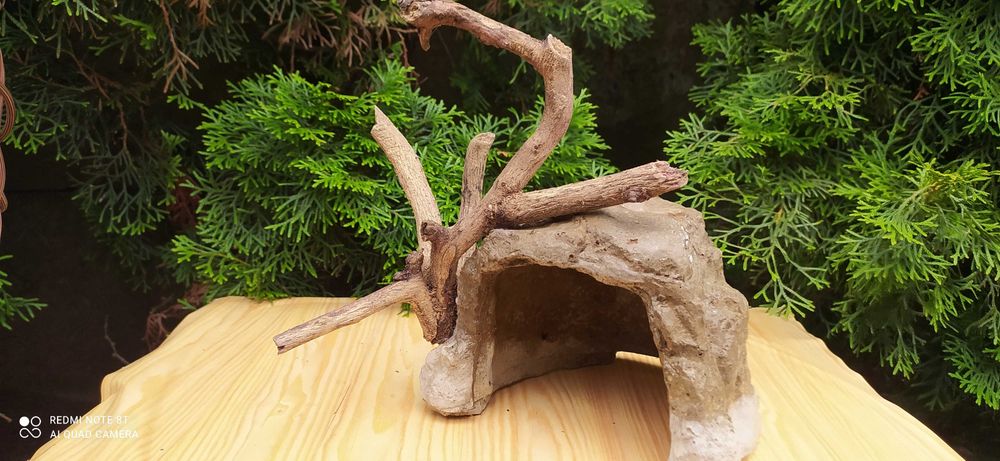 Duża grota do akwarium z korzeniem.