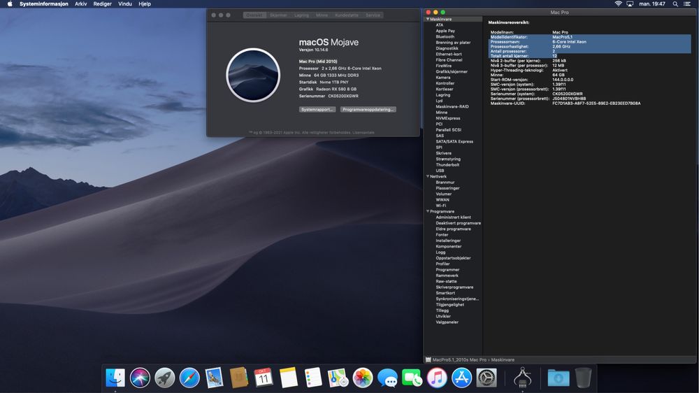 Mac Pro 5.1 mid 2010 12 rdzeni 64GB ram Radeon RX580 Sapphire Plus 8GB
