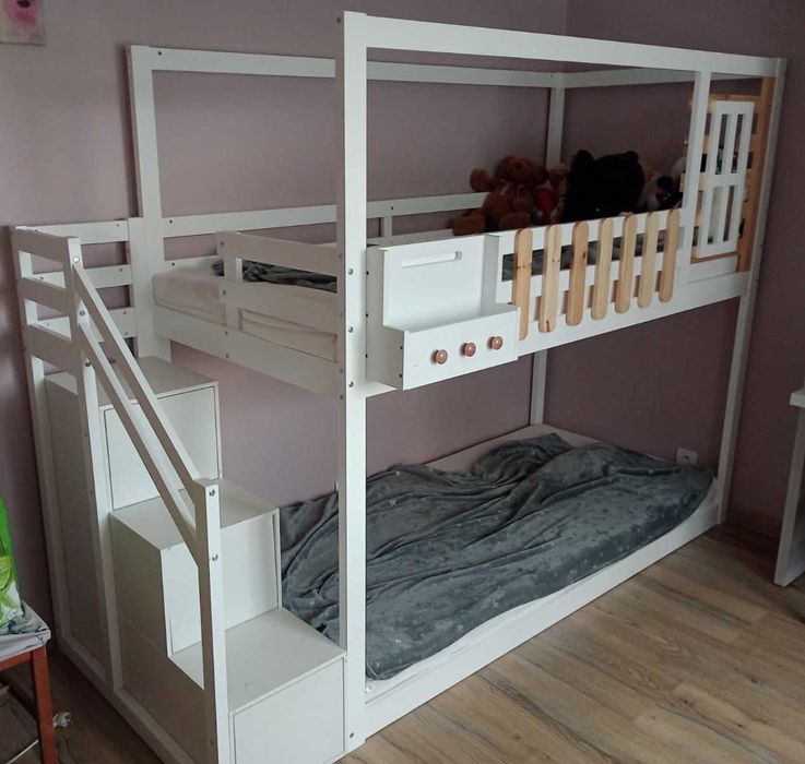 Łóżko piętrowe drewniane, białe, pod materace 90x200 cm