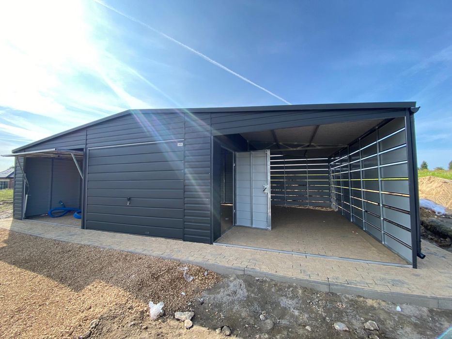 Garaż blaszany 6x5.8 plus wiata 3x5.8, grafit. Profil zamknięty.