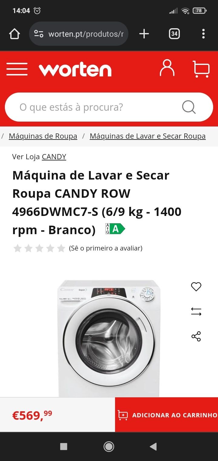 Máquina lavar e secar Candy 9kg / 6kg