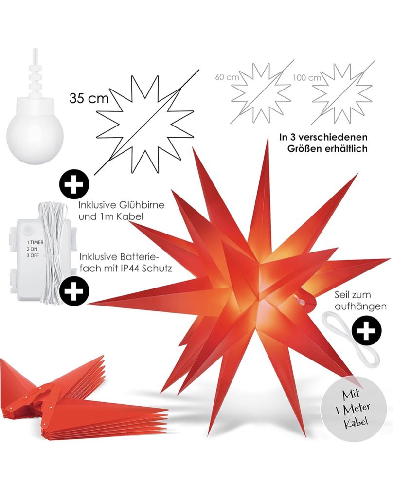 KESSER® Podświetlana gwiazda 3D 35 cm, gwiazda bożonarodzeniowa LED