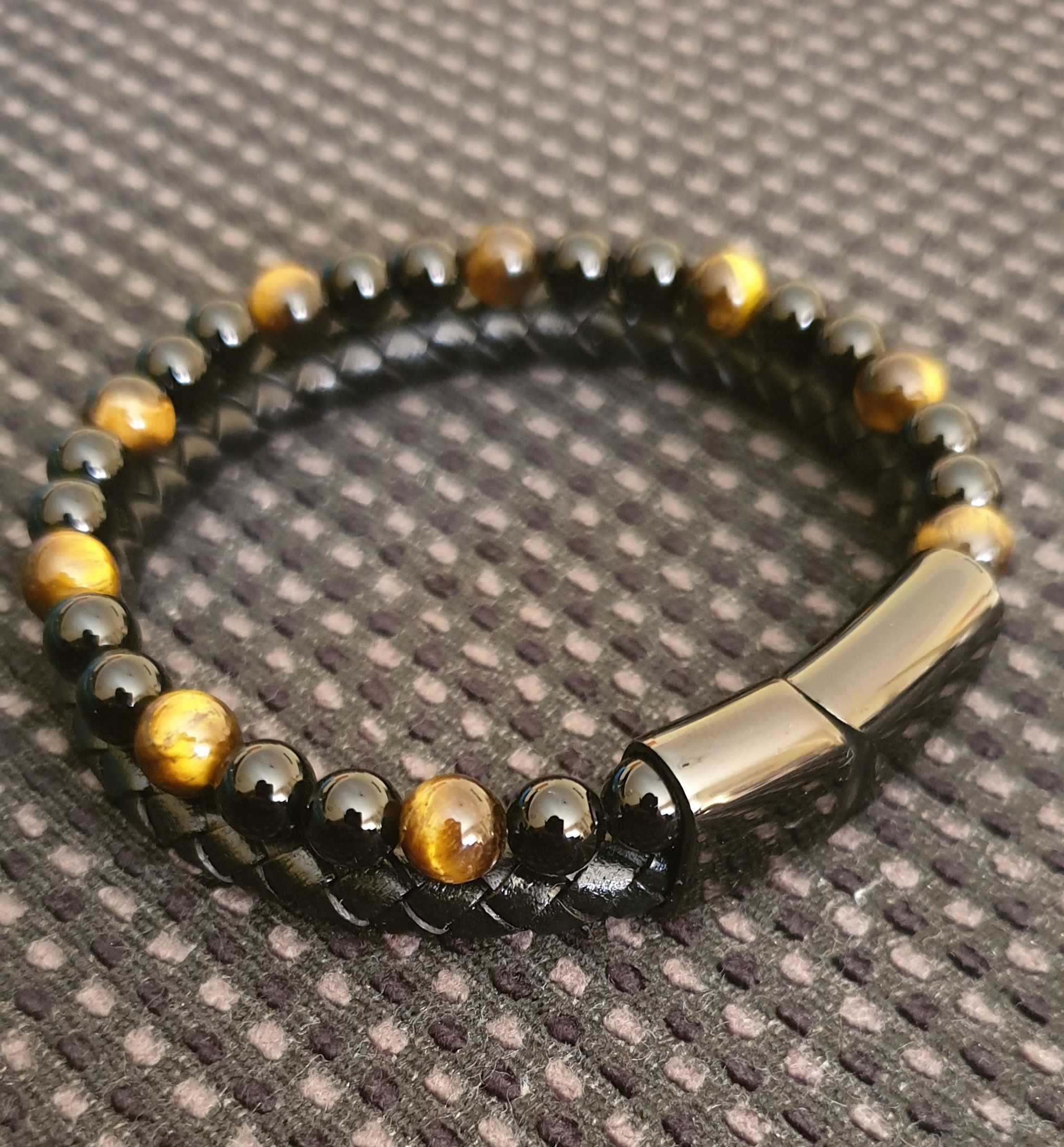 Pulseira em couro com pedras de onyx olho de tigre