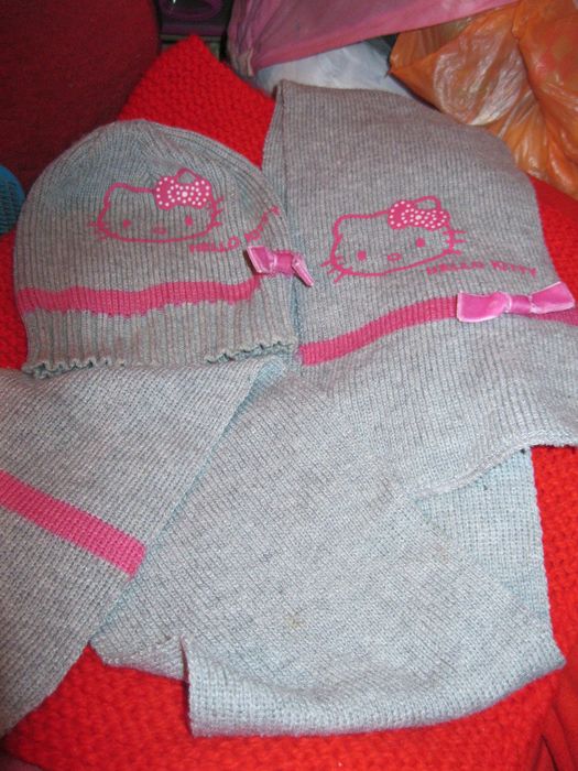 набор шапка и шарфик китти HELLO KITTI на 4-5 лет серый розовая кошка