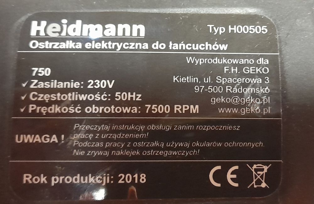 Ostrzałka elektryczna do łańcuchów pilarek marki Heidmann Geko