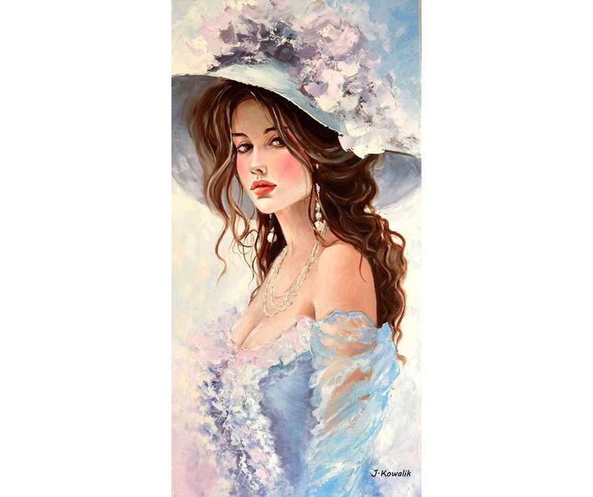 Kowalik - Dziewczyna w błękitach - 120x60cm Obraz Olejny Akt