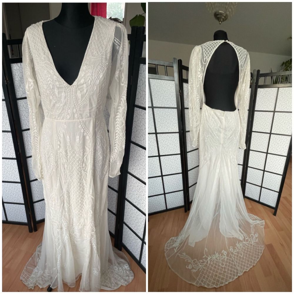 sukienka koronkowa maxi tren 42 xl asos luxe ażurowa haft cekinowa