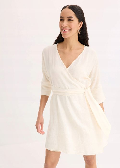 B.P.C sukienka ecru z efektem założenia kopertowego 38.