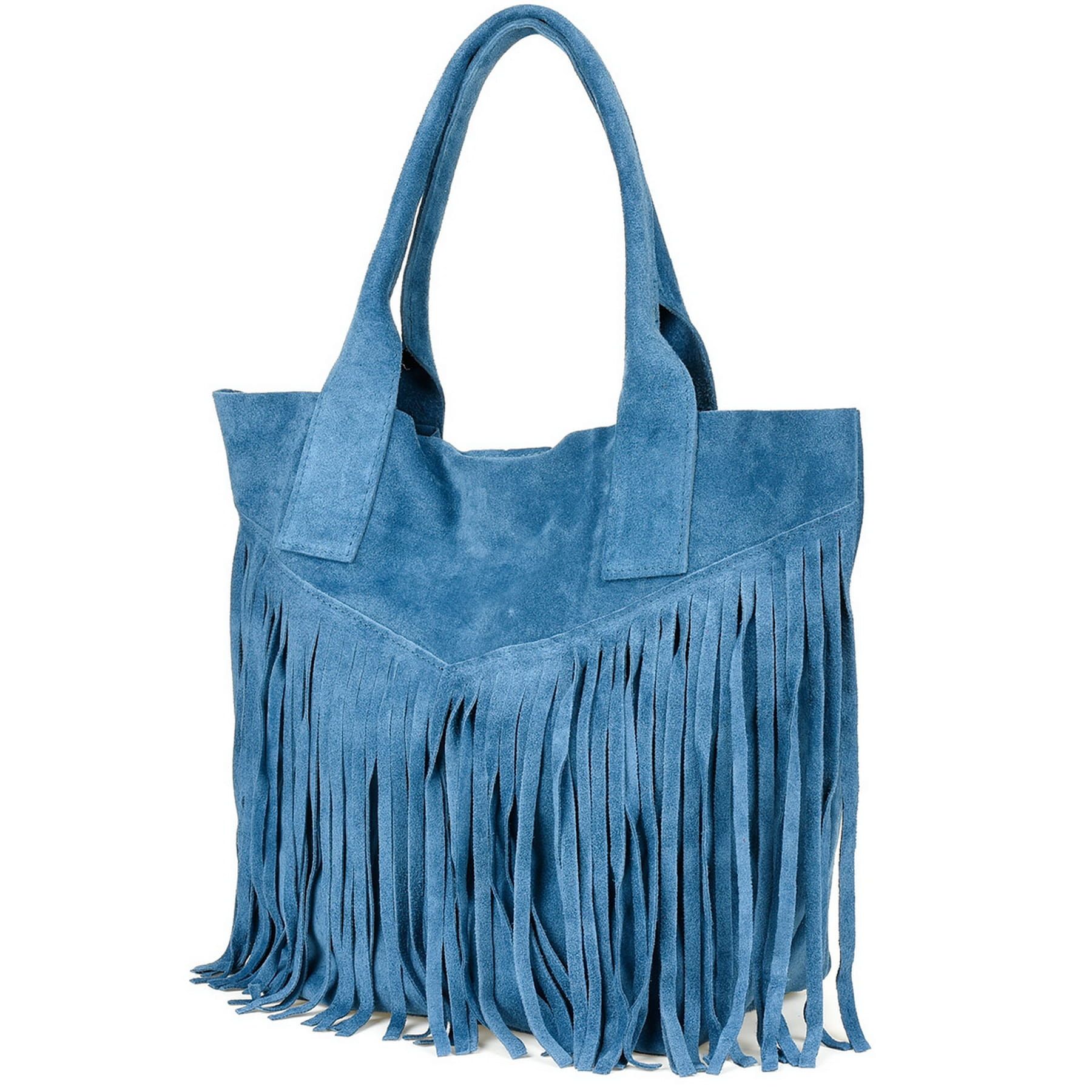 VERA PELLE torebka zamszowa shopper boho z frędzlami V007 c.jeansowa