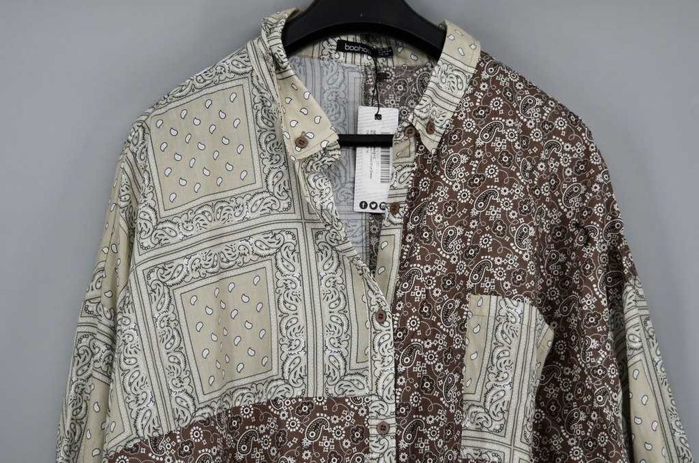 Dłuższa koszula oversize Boohoo – brązowo-beżowy nadruk,  bawełna, 44
