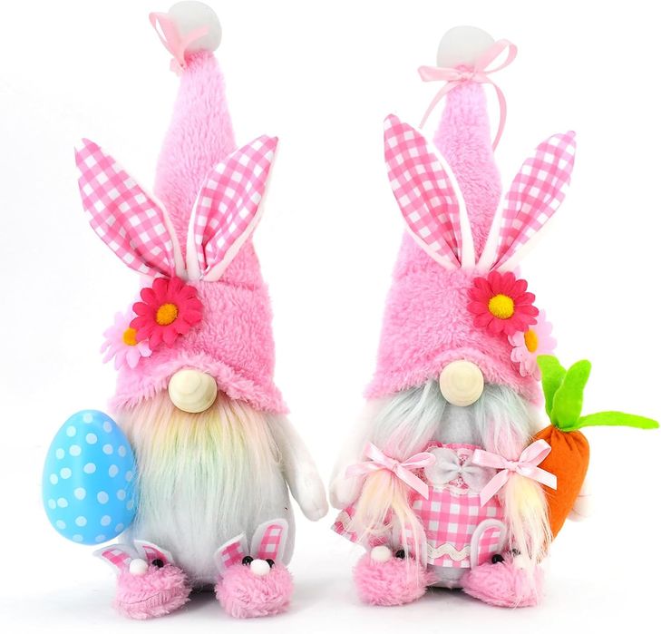 Krasnale Skrzaty Wielkanocne Dekoracja Zestaw 2 Sztuki Różowe 31x15 cm