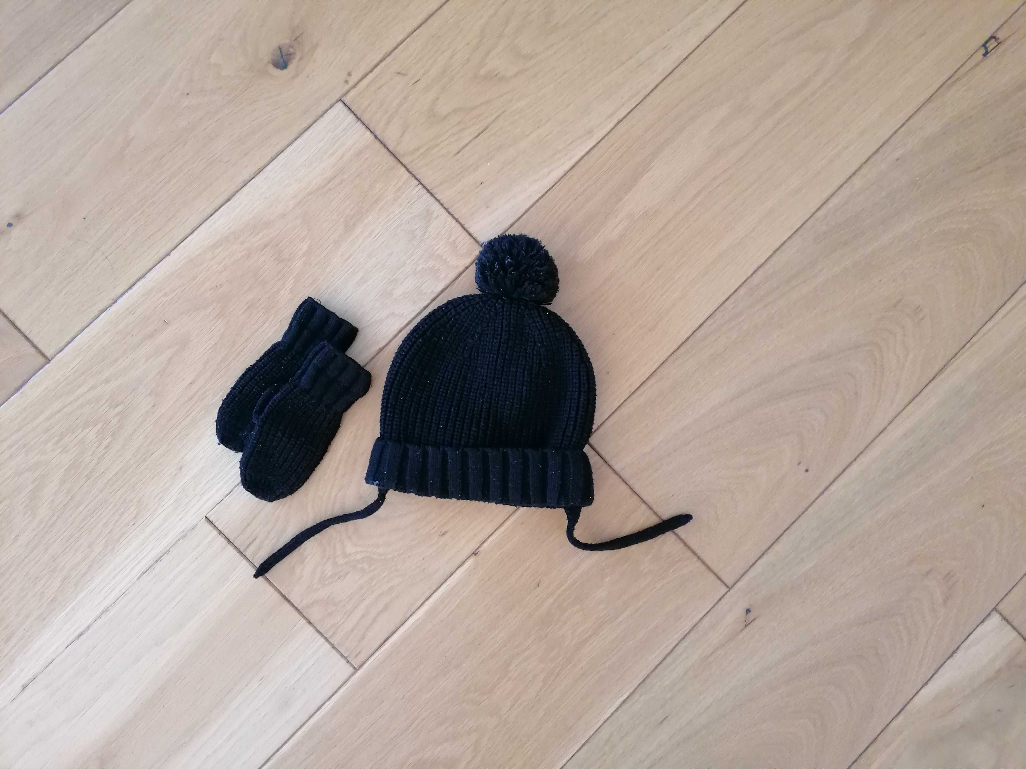 ZARA czarna czapka z pomponem + rękawiczki 50 cm 18-36m.