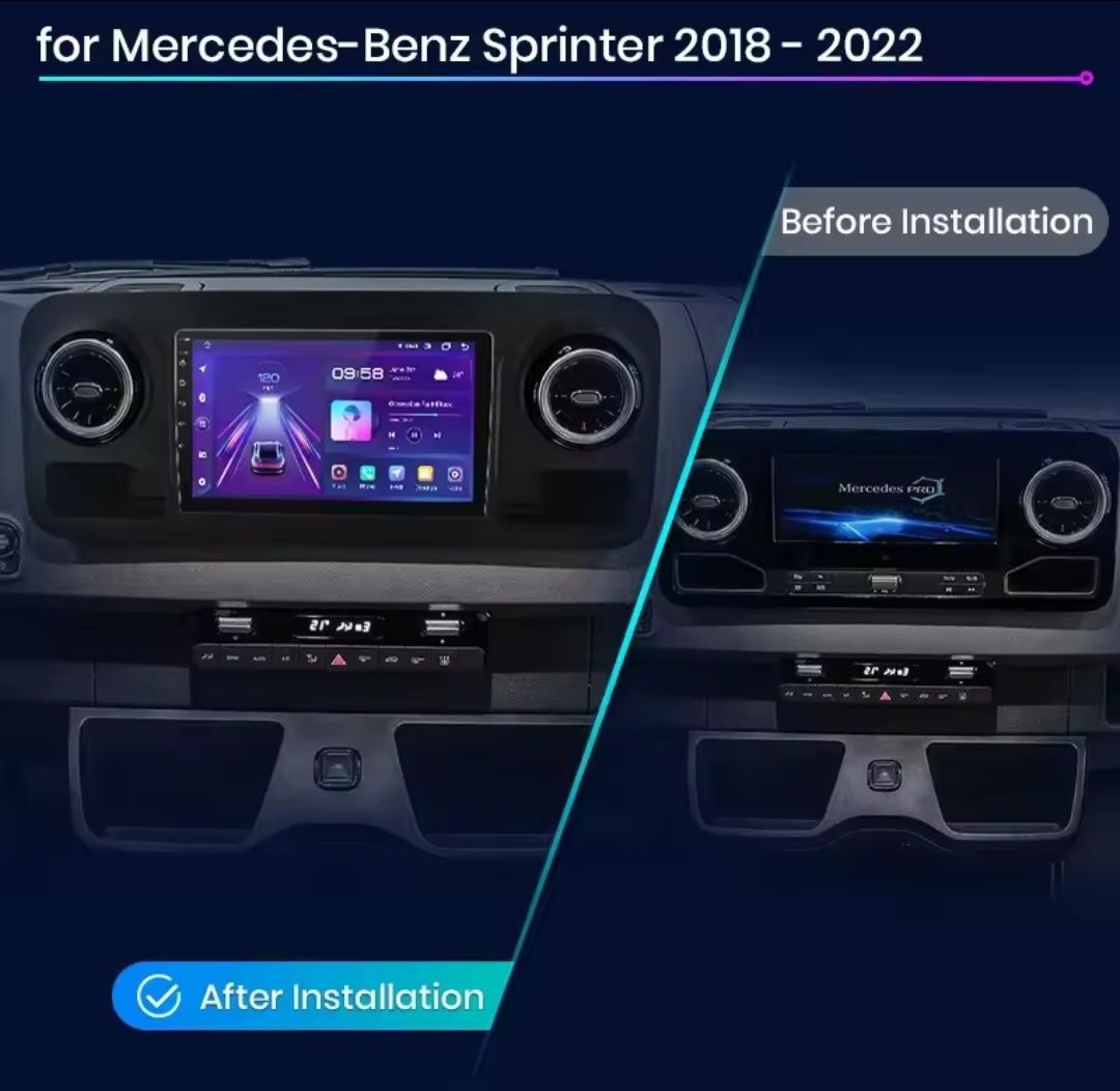 Rádio Android 10" Mercedes Sprinter 2018-25 CarPlay/Auto GPS 2/32GB
