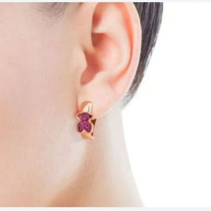 Kolczyki z misiem różowe srebro vermeil 925 z rubinami