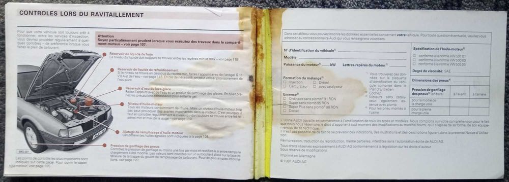 Instrukcja obsługi samochodu Audi 80 w języku francuskim, 1991 r.