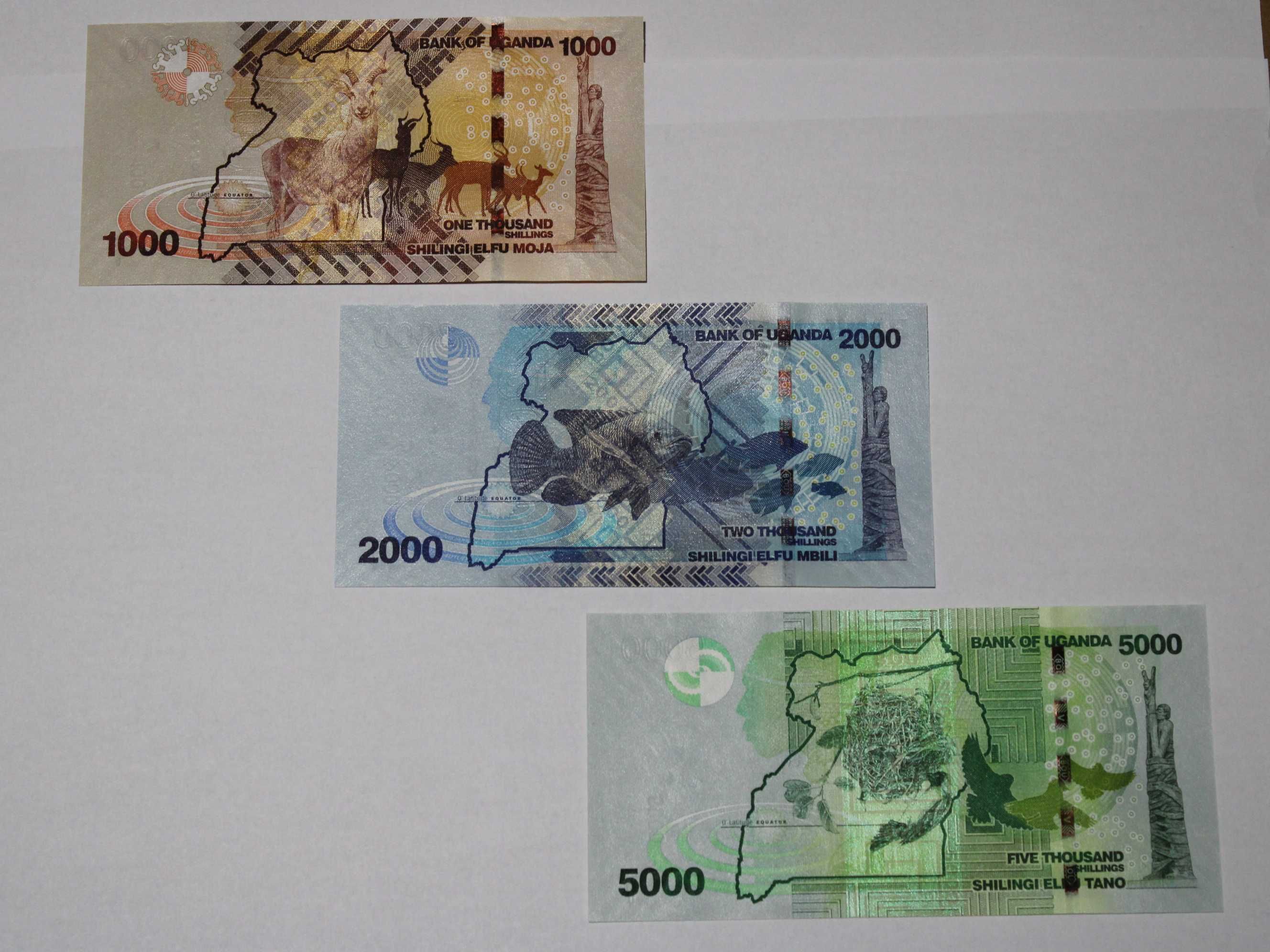 Banknoty Uganda 3 szt. 1000, 2000, 5000 szylingów, stan bankowy UNC.