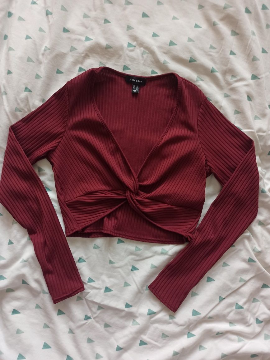 Bordowa bluzka z wiązaniem crop top krótka bluzka new look #basic #vir