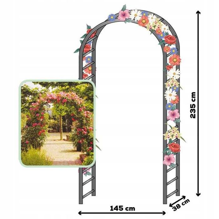 Pergola metalowa ogrodowa na róże kwiaty pnącza kwietnik 145cm x 235cm