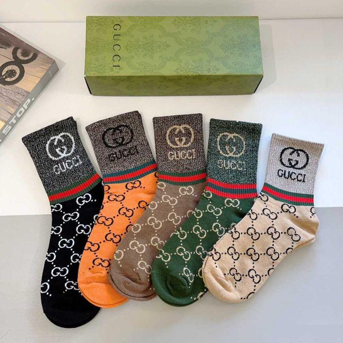 (5 pares) Meias compridas estilo novo Gucci tecido de algodão puro
