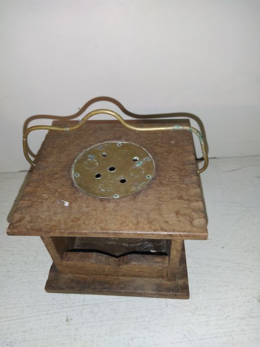 Świecznik podgrzewacz drewniany bibelot budka miedź retro vintage