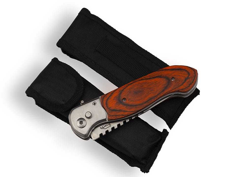 nóż sprężynowy składany stal drewno 24 etui elegancki pokrowiec N-508A