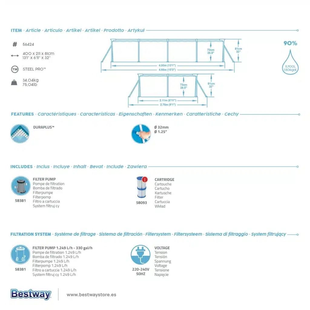 Piscina Desmontável BeBestway Steel Pro de 4,00 m x 2,11 m x 81 cm