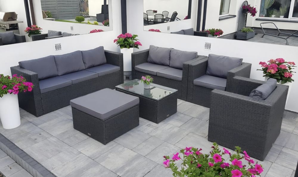 Antracytowy zestaw ogrodowy z technorattanu dla 8 osób meblobranie