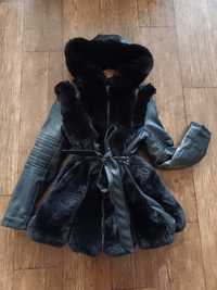 Kożuszek, ekoskóra, kurtka zimowa XL z kapturem, taliowana