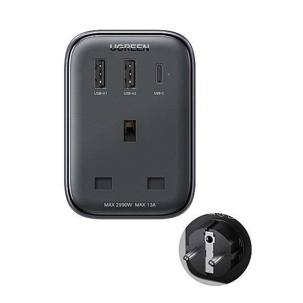 Ładowarka sieciowa 30w (2xUSB/USB C/ac) / adapter Uk - Eu 13a Ugreen C