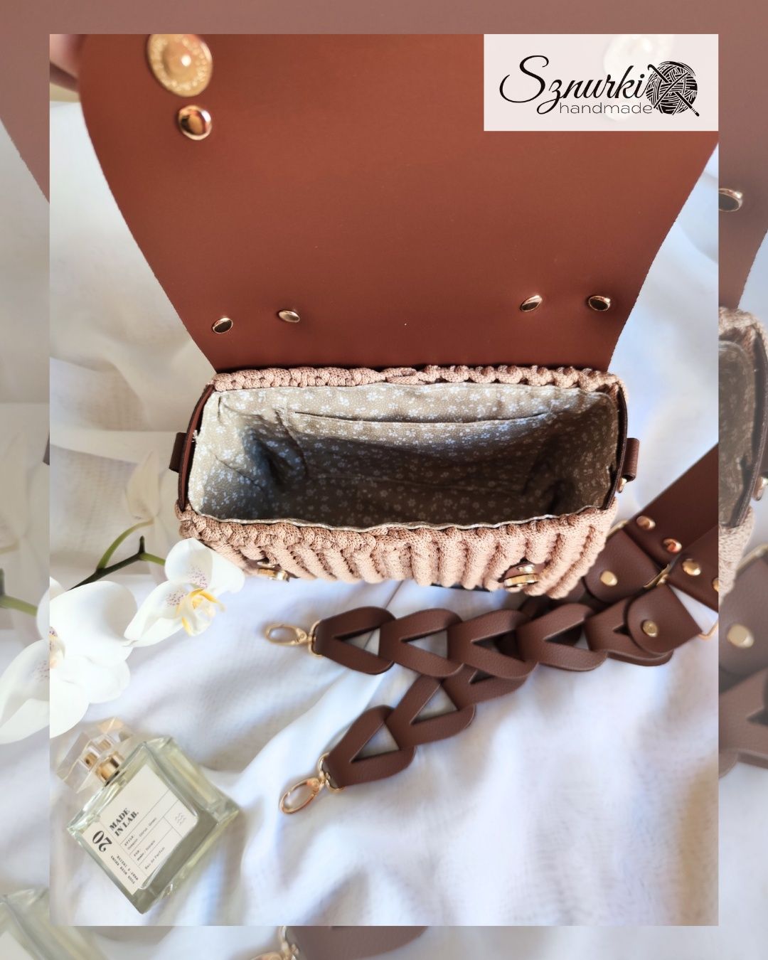 Torebka listonoszka skóra naturalna ręcznie szydełkowana handmade