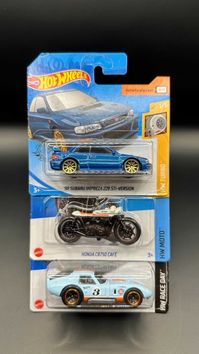 Hot Wheels Subaru Impreza + Honda CB750 Cafe + Shelby Cobra