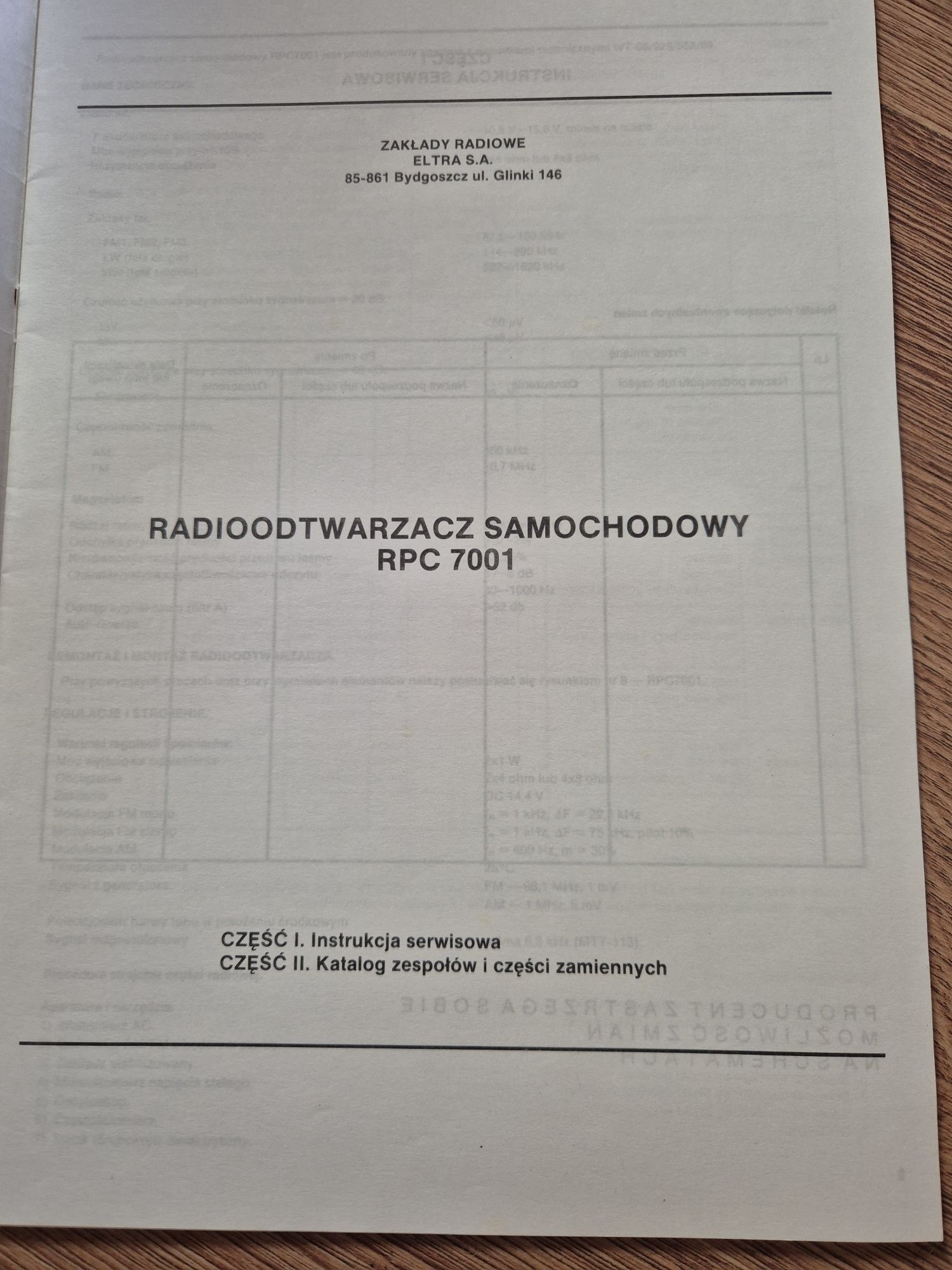 Eltra Instrukcja serwisowa katalog zespołów i części  RPC 7001