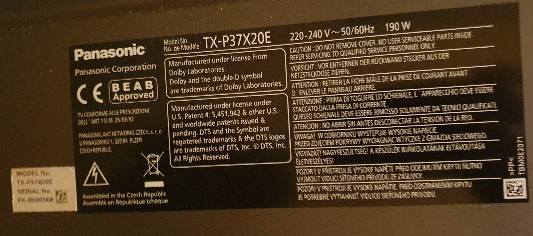 telewizor Panasonic model: TX-P37X20E.