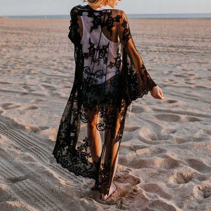 Pareo narzutka plażowa długa koronkowa czarna