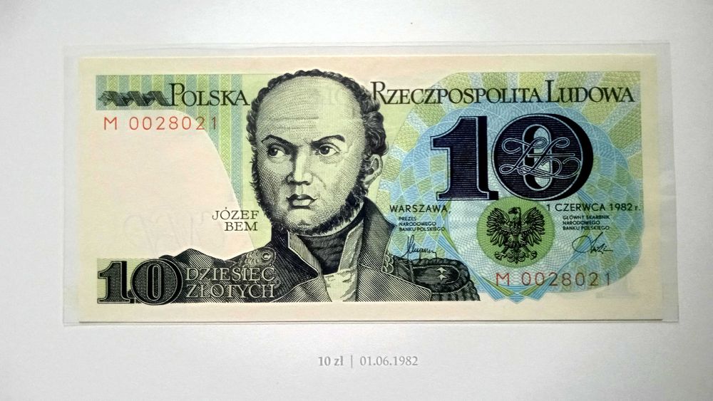 Banknot PRL 10 zł 1982 M st.1 UNC niski numer