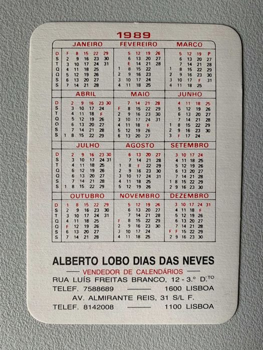 Calendários de 1989 - Cavalos (preço unitário)