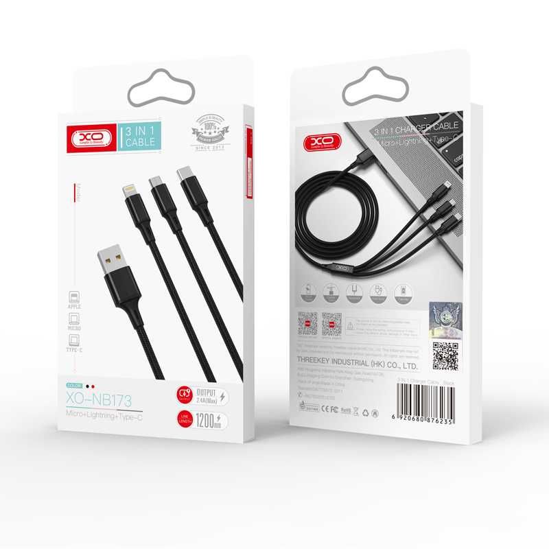 Kabel USB 3w1: USB-C Lightning microUSB 1,2m nylon