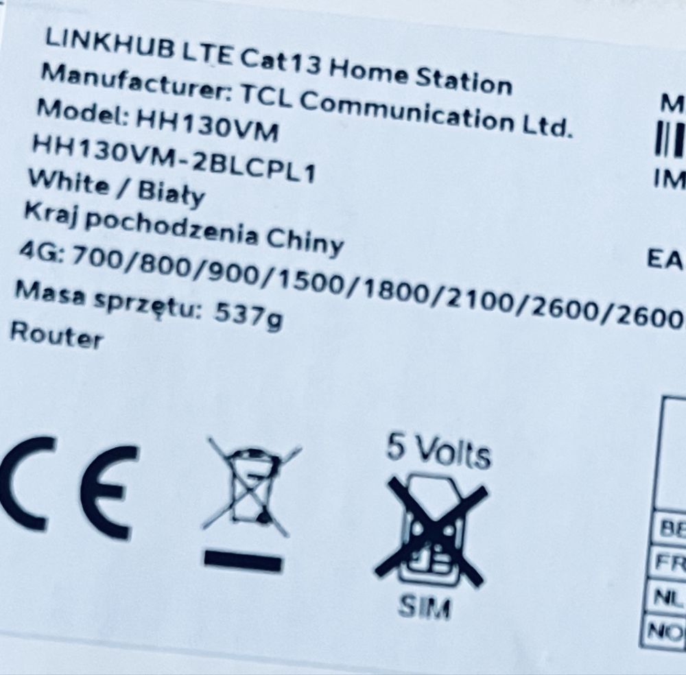 Router TCL LinkHub-HH130VM 802.11ac (Wi-Fi 5), 802.11g CAT13