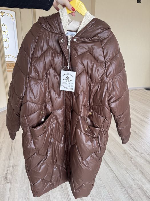 Плащ коричневий зимовий пуховик плащівка жіночий ХЛ розмір
