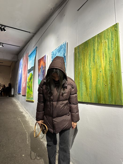 Новый стильний пуховик оверсайз L, трендовий шоколадний відтінок