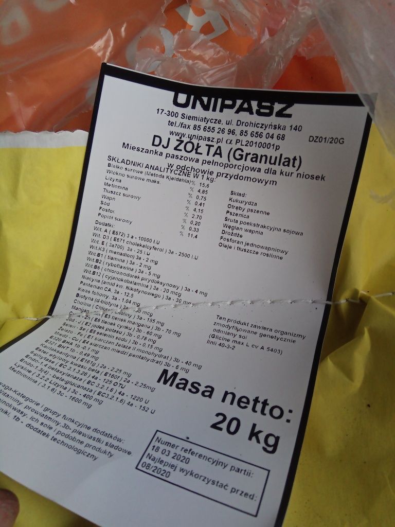 Pasza dla drobiu, bydła,koni, królików. Unipasz, worki 20 kg