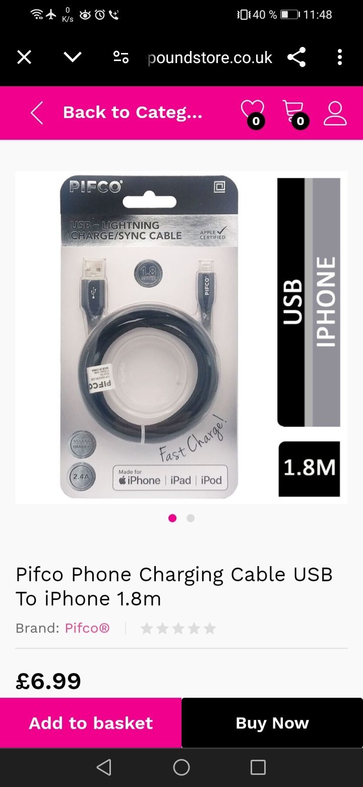 Зарядний кабель Pifco USB to Lighting 1.8m